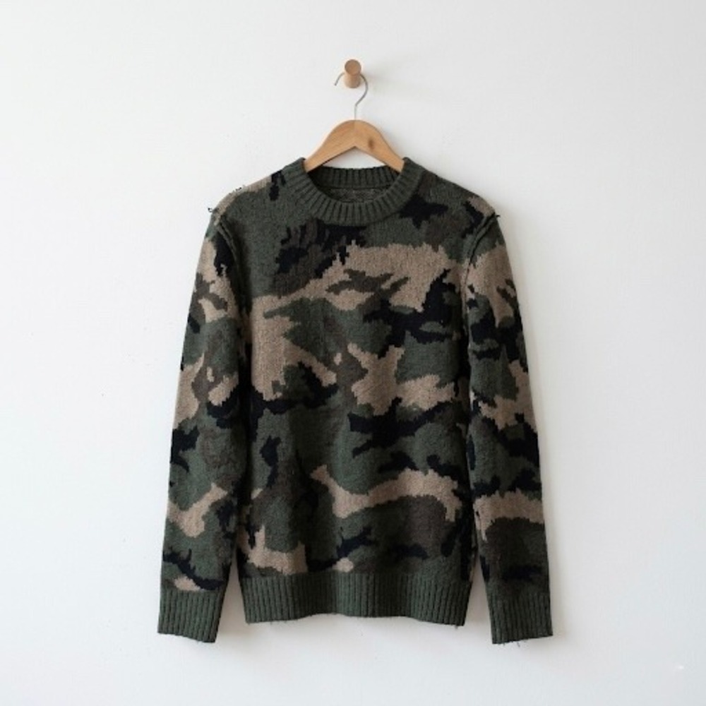 Zadig &‎ Voltaire Sweater Mens XS Green Camo Kennedy Wool Art Is Truth Intarsia